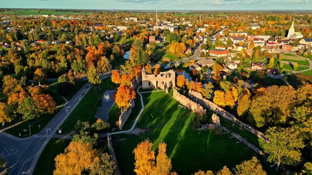 Dobele Castle ruins in Latvia Livonian Order ancient Semigallian settlement aerial drone view