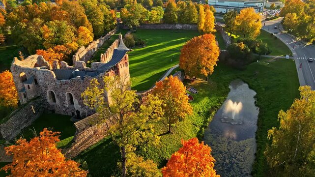 Dobele Castle ruins in Latvia autumn season Livonian order medieval landmark