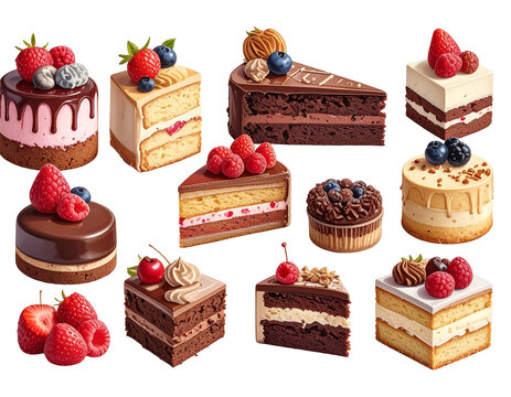 Assorted petit gateaux and layer cakes displayed in an assorted dessert spread