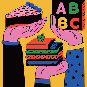 Hands Holding Cake, Books, and ABC Blocks