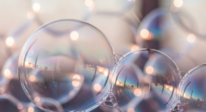 Close-up of Soap Bubbles with Light Reflections.