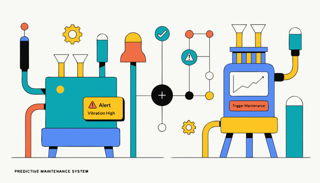 Predictive maintenance system with industrial machines and sensors monitoring vibration and performance, automation technology in smart manufacturing concept