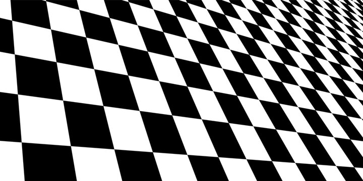 Black and white checkerboard floor in perspective. Fading checkered tile pattern background. Retro horizontal chess board grid plane surface. Vintage empty room stage checker floor