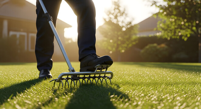 Lawn aeration service for healthy grass|Manual core aerator tool for backyard garden| Professional lawn care maintenance in summer| Improving soil drainage for lush green turf| Spring gardening tips