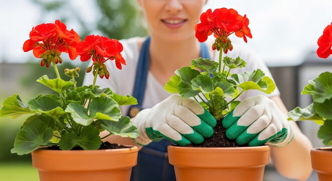 Woman planting geraniums in pots with gloves and fresh soil, showcasing vibrant red flowers. Woman enjoys gardening with potted geraniums in bright sunlight.