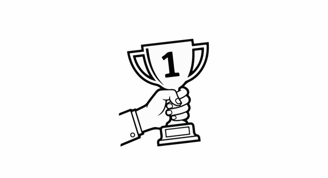 A black and white illustration of a hand holding a trophy with the number 1
