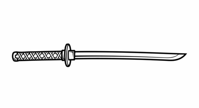 A stylized black and white illustration of a katana with a woven handle