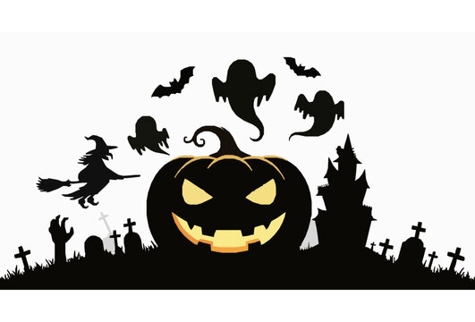 Halloween party poster vector with pumpkin ghost witch bat haunted house cemetery zombie hand silhouette design