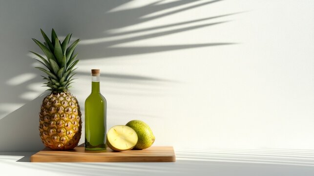 Pineapple bottle and pomelos still life