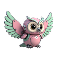 Naklejka premium Adorable pink and mint green robot owl flying