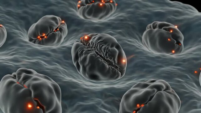 Burnout-related energy depletion, mitochondria producing weaker ATP signals over time, cells showing reduced vitality