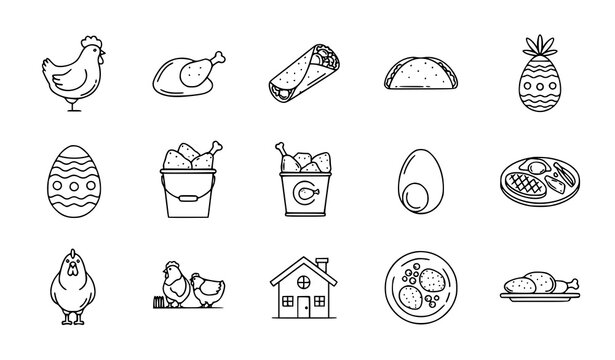 Set of 9 Chicken and Food Outline Icons with Chicken, Wrap Sandwich, Easter Egg and Farm Food Elements Vector Illustration on White Background