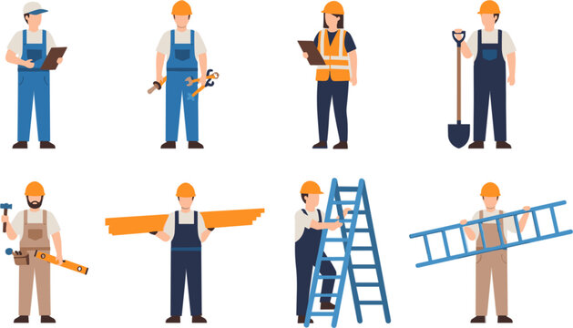 Construction Worker Set with Various Tools and Safety Gear for Worker, Labor, and Building Site Illustrations