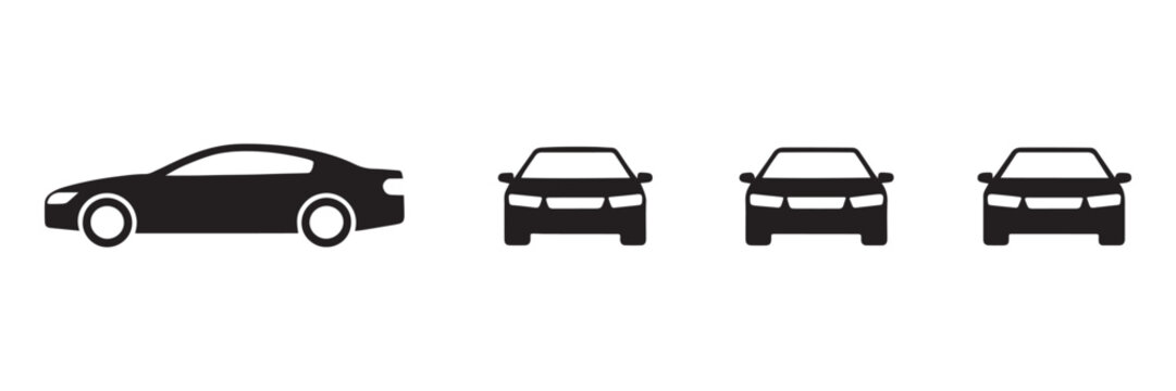 Black car icon set with side view sedan and front view vehicle silhouettes on white space.