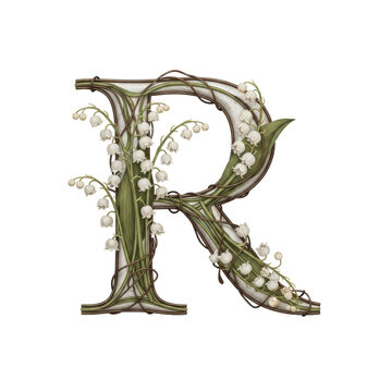 Elegant R letter decorated with white spring flowers