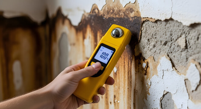 moisture meter testing on damp wall | water damage inspection for home mold | detecting high humidity in damaged plaster | household mold assessment and moisture detection