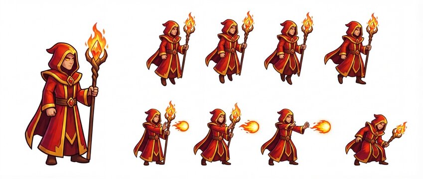 Full animated sprite sheet of a fantasy wizard character in a red robe, holding a fiery staff. Includes 