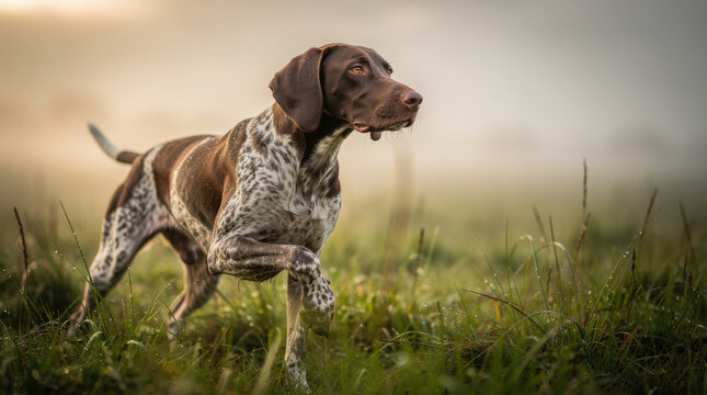 German Shorthaired Pointer Low Angle Meadow Wildlife Telephoto Shot Natural Frame Copy Space