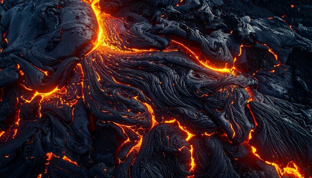 Black Lava Crust with Glowing Fissures. Organic volcanic patterns with dramatic lighting and high resolution.