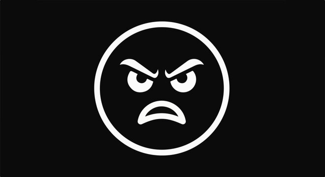 A stark white, minimalist angry face emoji icon on a black background
