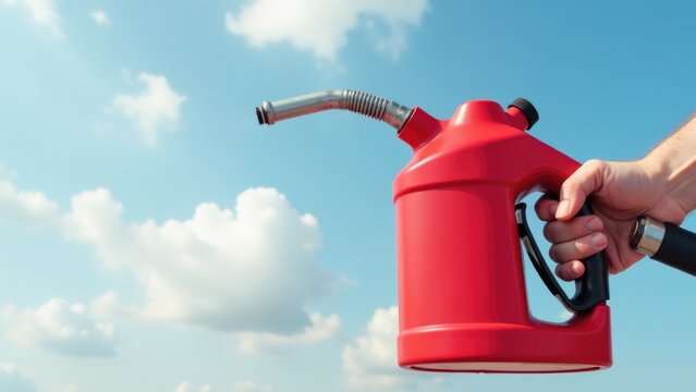 Person holding a red gas can with a hose attached for refueling or emergency use