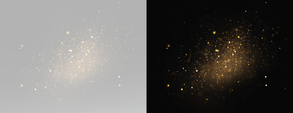 Gold magic dust and flickering sparkles, abstract glowing particles cloud and bokeh effect, luxury golden glitter spray for holiday card design, shining light overlay for creative graphic projects