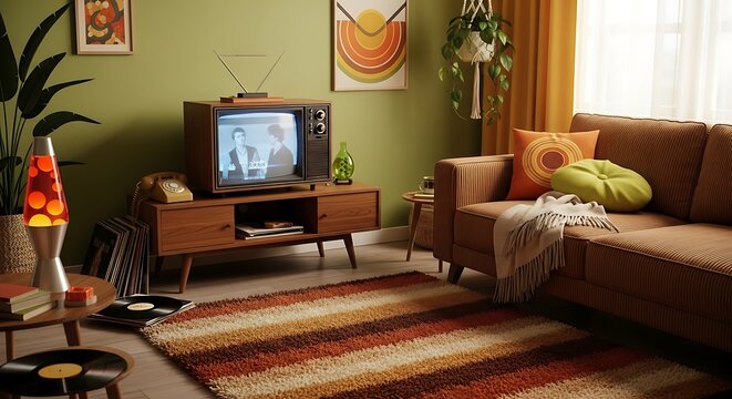 Retro living room with vintage television furniture and decorative elements