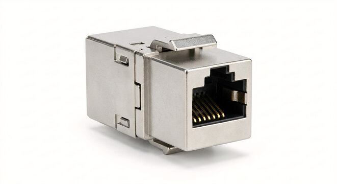 Generic shielded RJ45 keystone coupler, polished zinc alloy housing. Silver finish, internal pins visible. 3/4 angle view on pure white background, soft shadow.