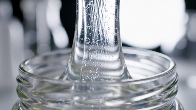 Clear viscous liquid with bubbles pouring into a glass jar, possibly a chemical or cosmetic product.