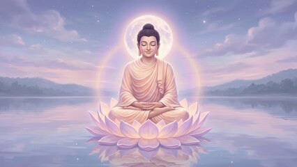 Fototapeta premium Buddha sitting in lotus flower peacefully 
