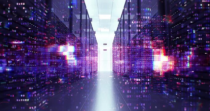 High performance computing servers with abstract digital data overlays. Technology And AI Related 3D Animation.