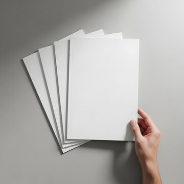 Blank magazine mockup with hand | White brochure cover template | Minimalist catalog design presentation | Professional stationery portfolio display