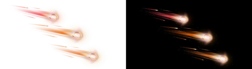 PNG image of Multiple flaming meteorites falling through space with bright light trails captured on transparent background © zakir