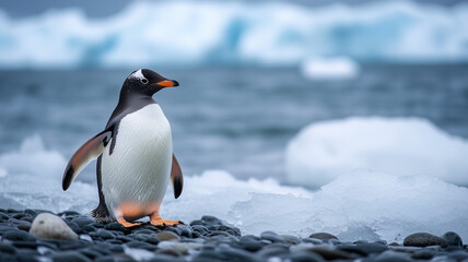 Obraz premium A penguin standing on a rocky beach with ice and water in the background.