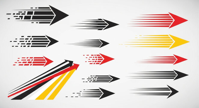 Collection of dynamic arrow graphics with motion blur effect.