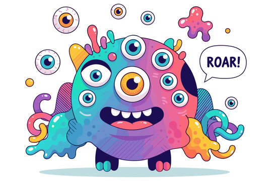 Vibrant and whimsical cartoon monster with multiple eyes and colorful, liquid-like tentacles, exclaiming 'ROAR!' in a playful, engaging style