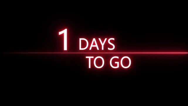 Neon 1 days to go animation. Neon counting number animation 1 days to go. on a black background. and creating a stunning 4k video. 