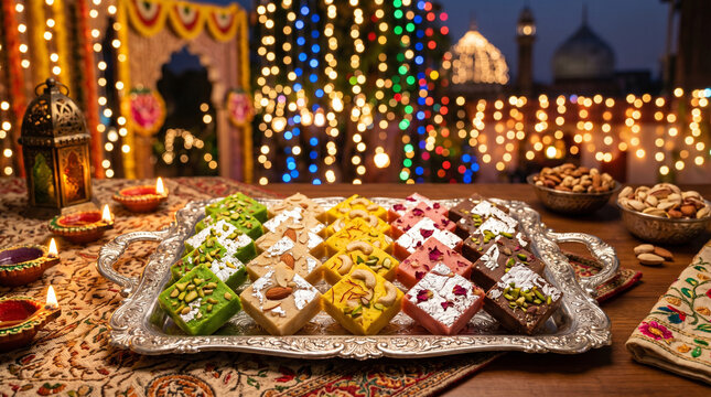 Different varieties of barfi on a dish at an Eid festival