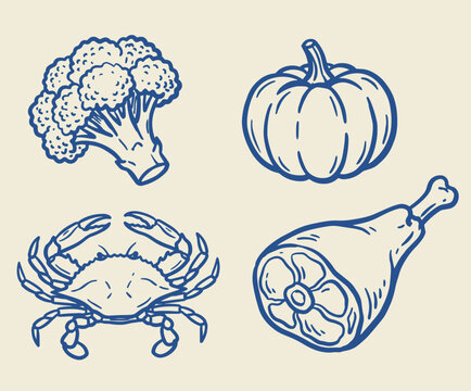 Silhouette food icons showing broccoli pumpkin crab and ham leg