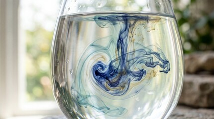 Obraz premium Blue and gold ink swirling in clear glass of water on bright background