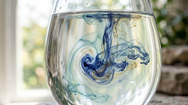 Blue and gold ink swirling in clear glass of water on bright background