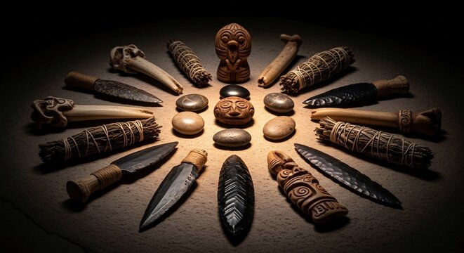 Collection of Ancient Artifacts and Carved Objects Arranged in a Circular Pattern.