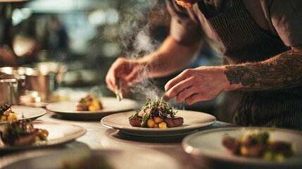 Fototapeta premium A skilled chef artfully garnishing a plate of gourmet food in a professional kitchen, showcasing culinary expertise and attention to detail with fresh ingredients.