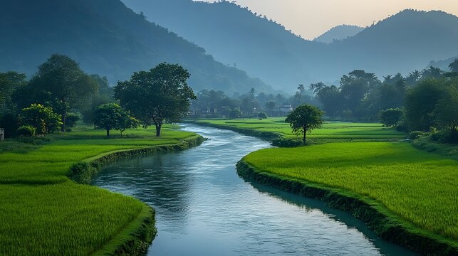 A picturesque river flowing gently between green paddy fields during Makar Sankranti.