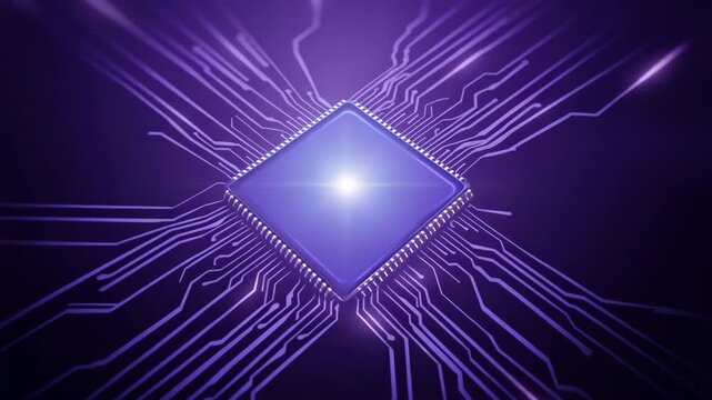 Glowing microchip circuit purple diamond shaped processor core radiant traces ai compute energy flow futuristic motherboard