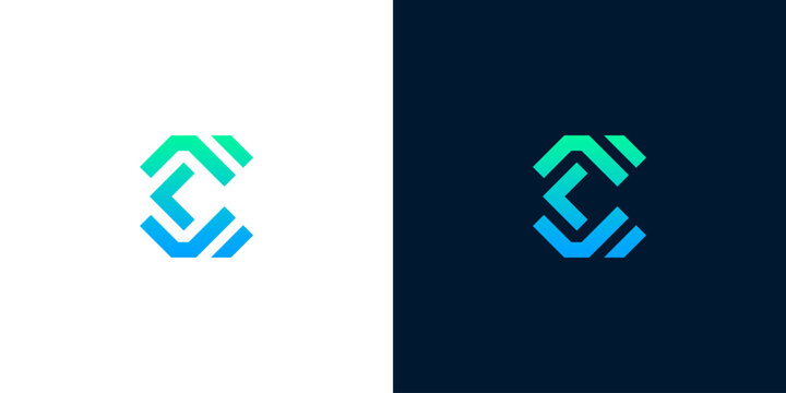 Modern Geometric 'C' Logo Design in Gradient Blue and Green on White and Dark Blue Backgrounds, Minimalist Abstract Symbol