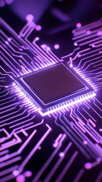 Glowing microchip circuit board vertical close up purple illuminated processor pins circuitry halo digital core