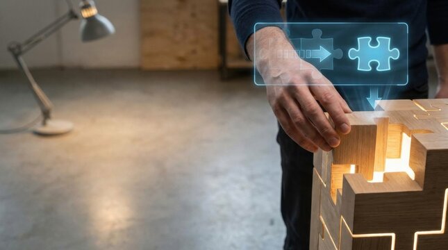 Person holding a puzzle piece symbolizing problem solving and critical thinking in a creative environment