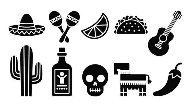 Black and white icons of mexican fiesta elements including sombrero maracas guitar tacos tequila cactus skull chili and pinata