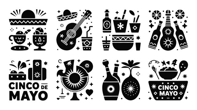 Black and white flat vector icons celebrating cinco de mayo with guitars tequila margaritas and festive decorations